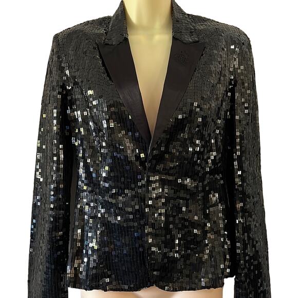 Guess Black Sequin Blazer Jacket Woman Size Small Satin Lined Special Occasion - Picture 2 of 12